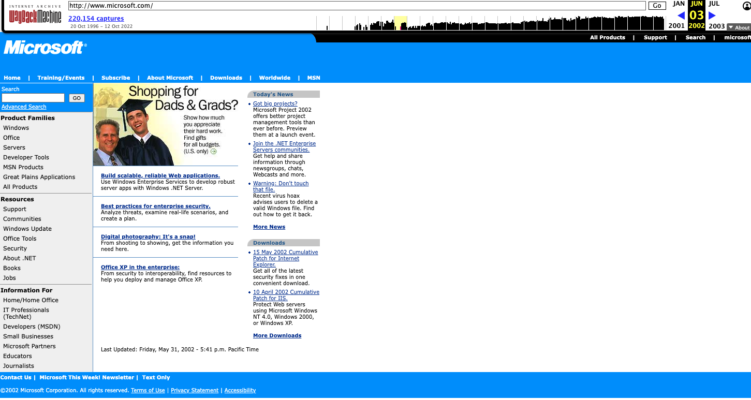 Microsoft website design in 2002 - from the Way Back machine